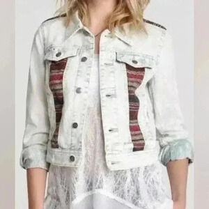 Free People White Washed Denim Baja Jacket with Aztec Knit Paneling